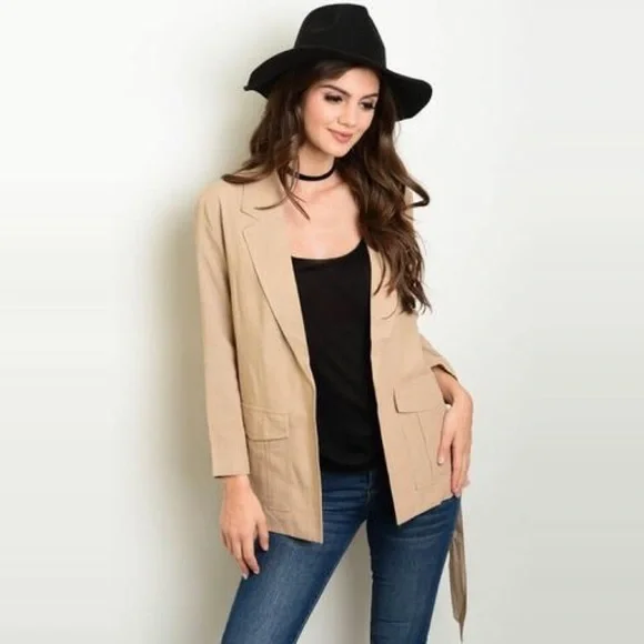 Khaki Safari Tie Waist Linen Jacket w Pockets - Picture 1 of 6